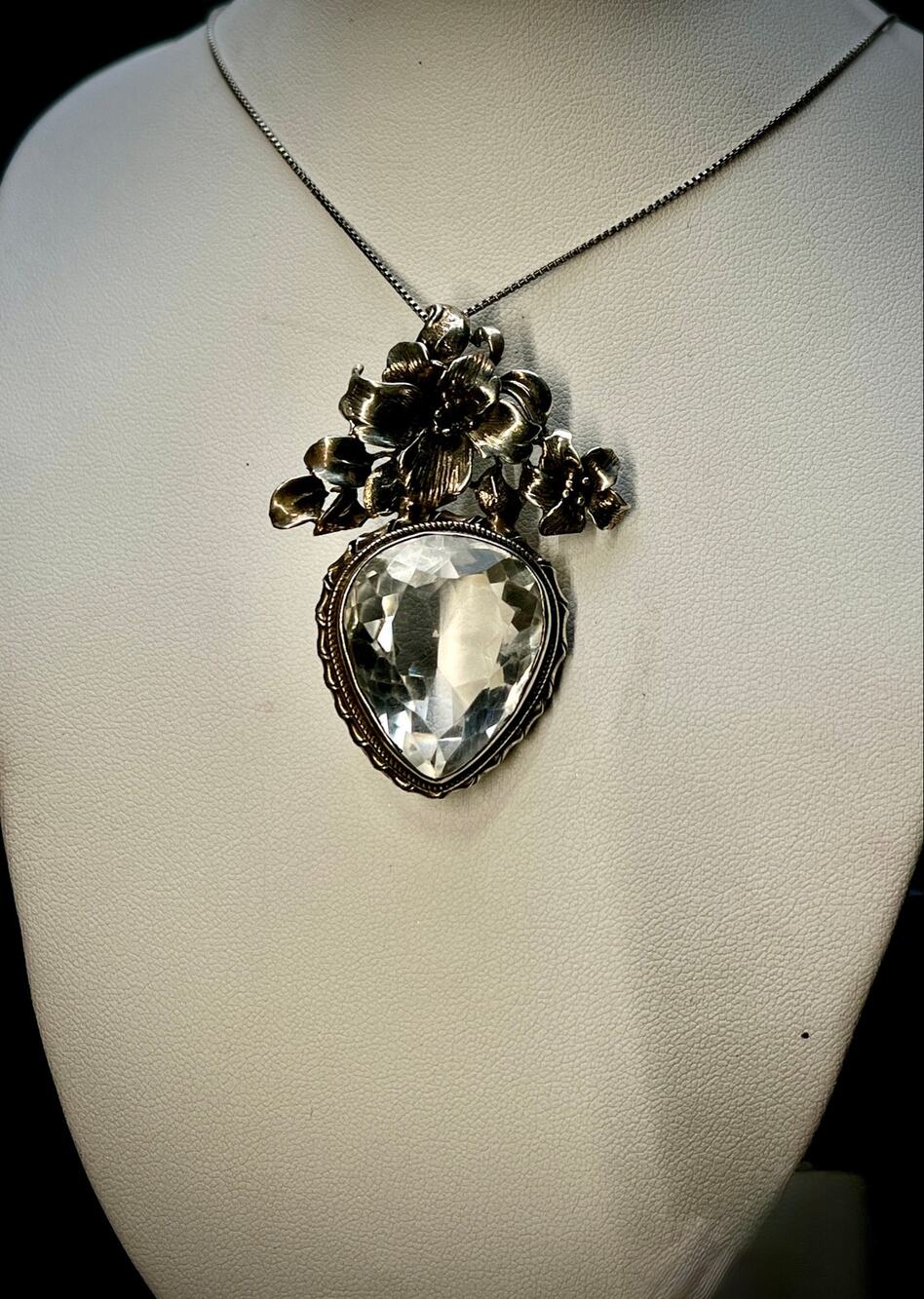 Bespoke Vintage 1990 Rock Crystal Pendant 925 Silver Floral Art Nouveau Style